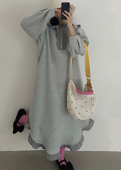 Loose Grey Hooded Ruffled Zippered Cotton Sweatshirt Dress Spring