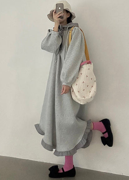 Loose Grey Hooded Ruffled Zippered Cotton Sweatshirt Dress Spring