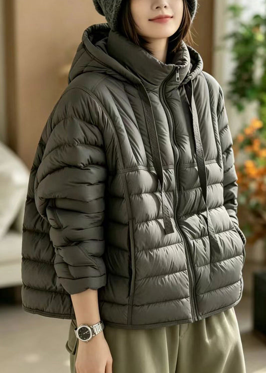 Loose Grey Hooded Stand Collar Pockets Cotton Filled Puffers Jackets Winter