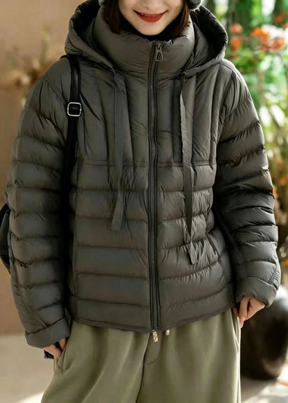 Loose Grey Hooded Stand Collar Pockets Cotton Filled Puffers Jackets Winter