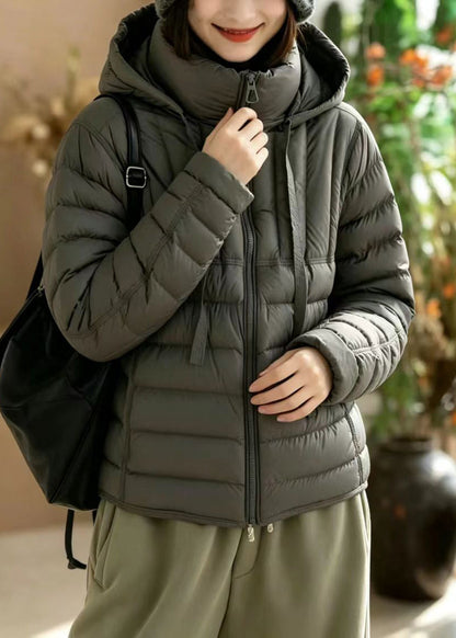 Loose Grey Hooded Stand Collar Pockets Cotton Filled Puffers Jackets Winter