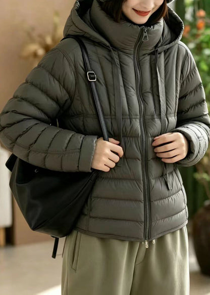 Loose Grey Hooded Stand Collar Pockets Cotton Filled Puffers Jackets Winter