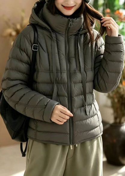 Loose Grey Hooded Stand Collar Pockets Cotton Filled Puffers Jackets Winter