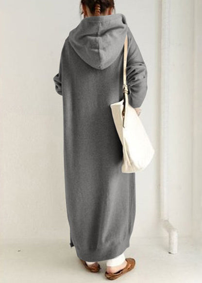 Loose Grey Hooded Zippered Pockets Cotton Long Coats Spring
