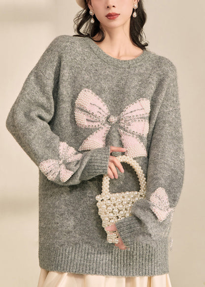 Loose Grey O-Neck Bow Cozy Cotton Knit Sweater Tops Spring