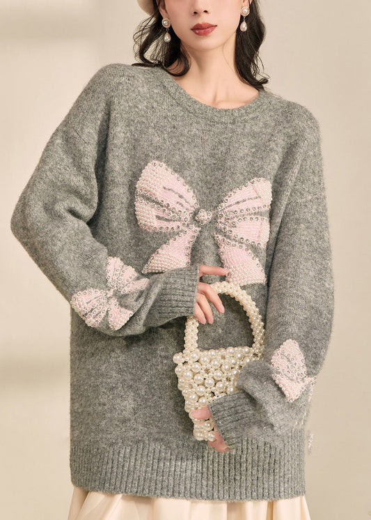 Loose Grey O-Neck Bow Cozy Cotton Knit Sweater Tops Spring