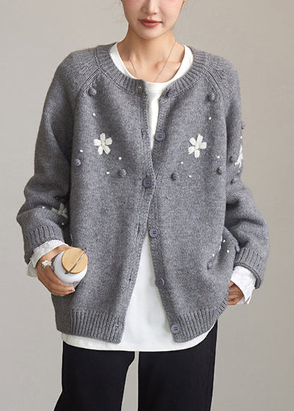 Loose Grey O Neck Button Wool Knit Cardigan Spring