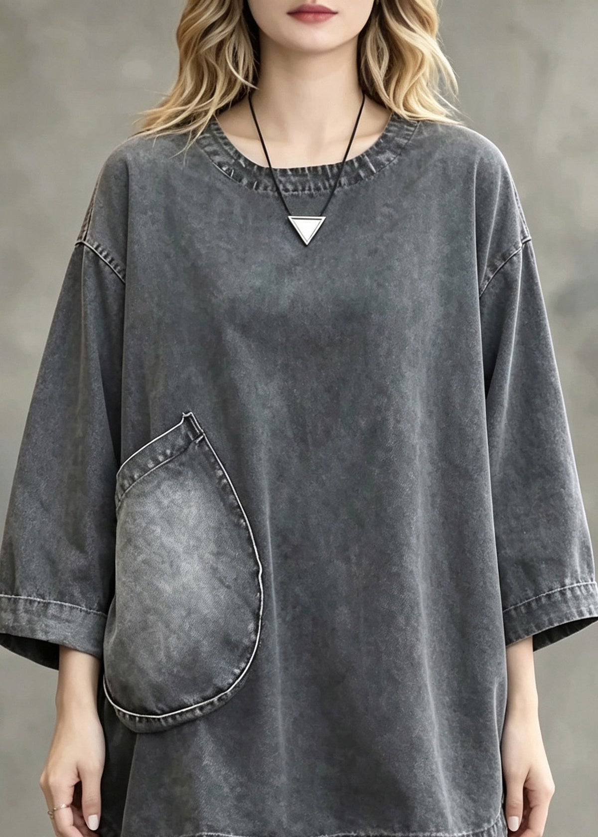 Loose Grey O-Neck Patchwork Denim Top And Shorts Two Pieces Set Long Sleeve