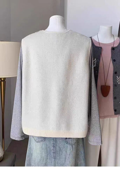 Loose Grey O-Neck Print Button Knitted Cotton Waistcoat Sleeveless