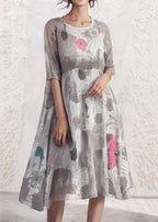 Loose Grey O Neck Print Silk Dresses Half Sleeve