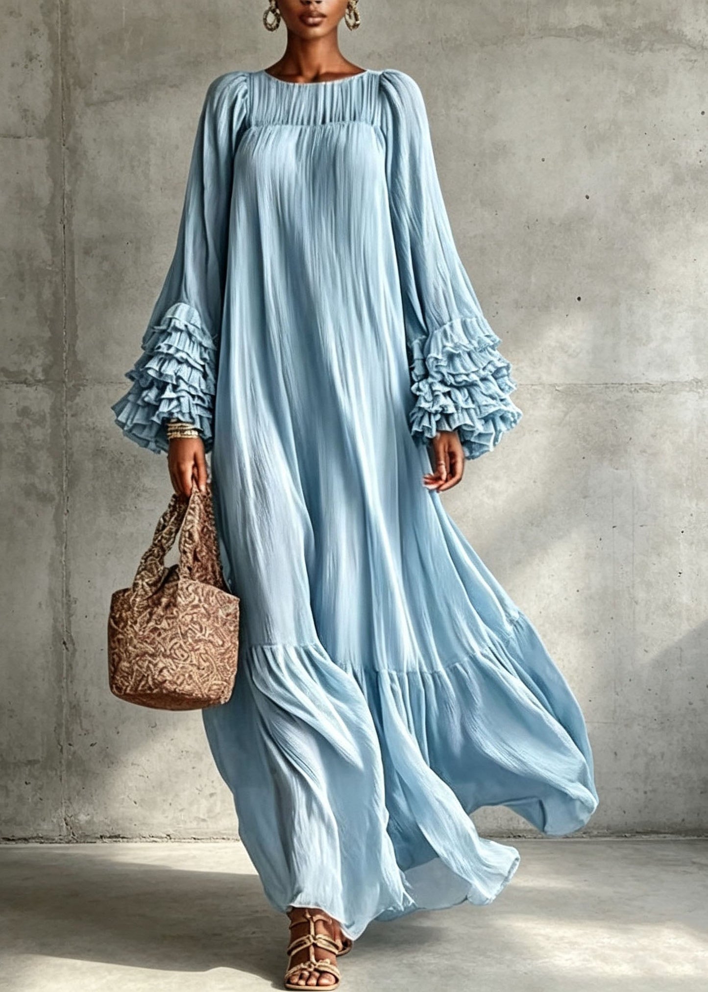 Loose Grey O Neck Ruffled Patchwork Cotton Long Dresses Fall