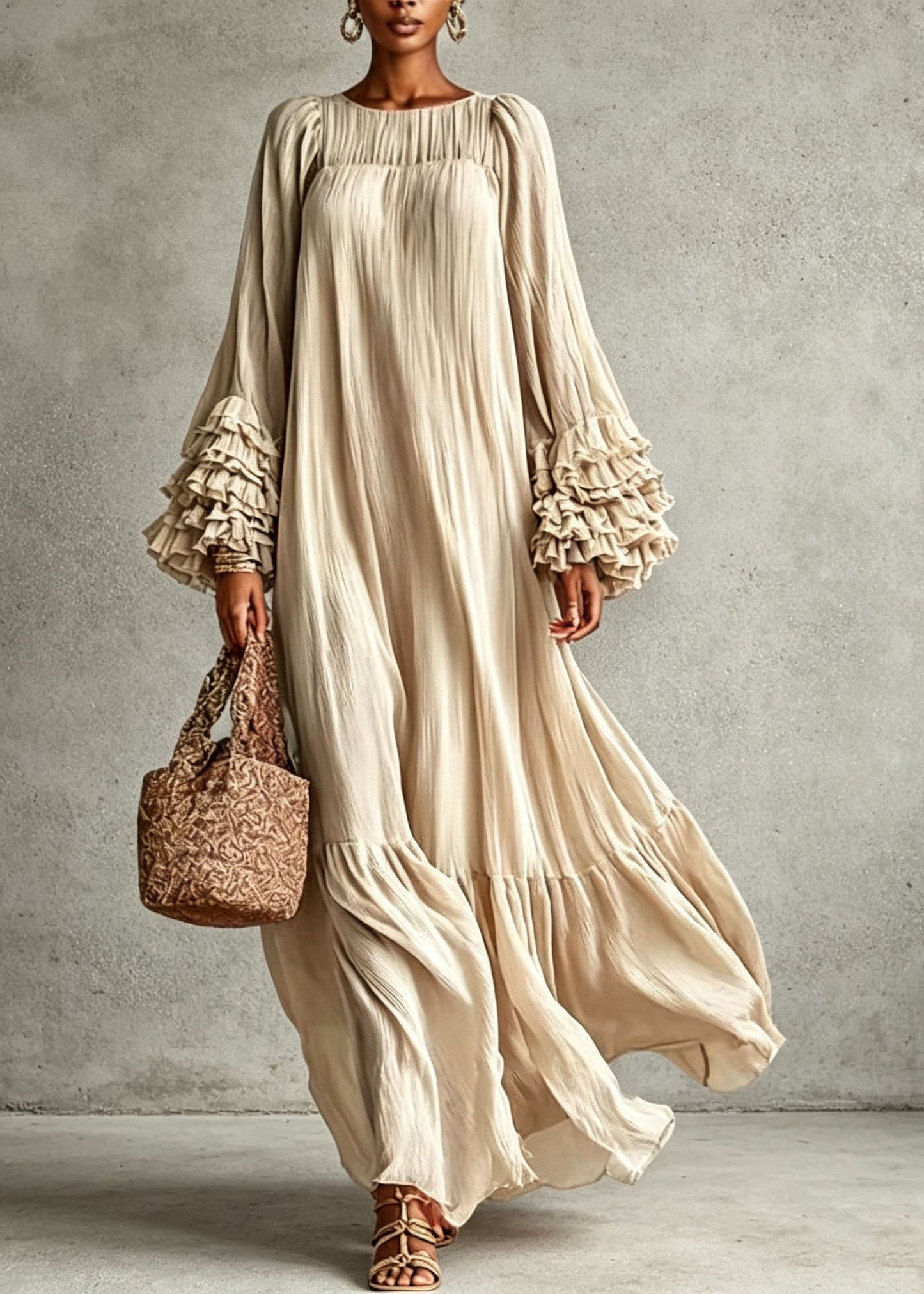 Loose Grey O Neck Ruffled Patchwork Cotton Long Dresses Fall