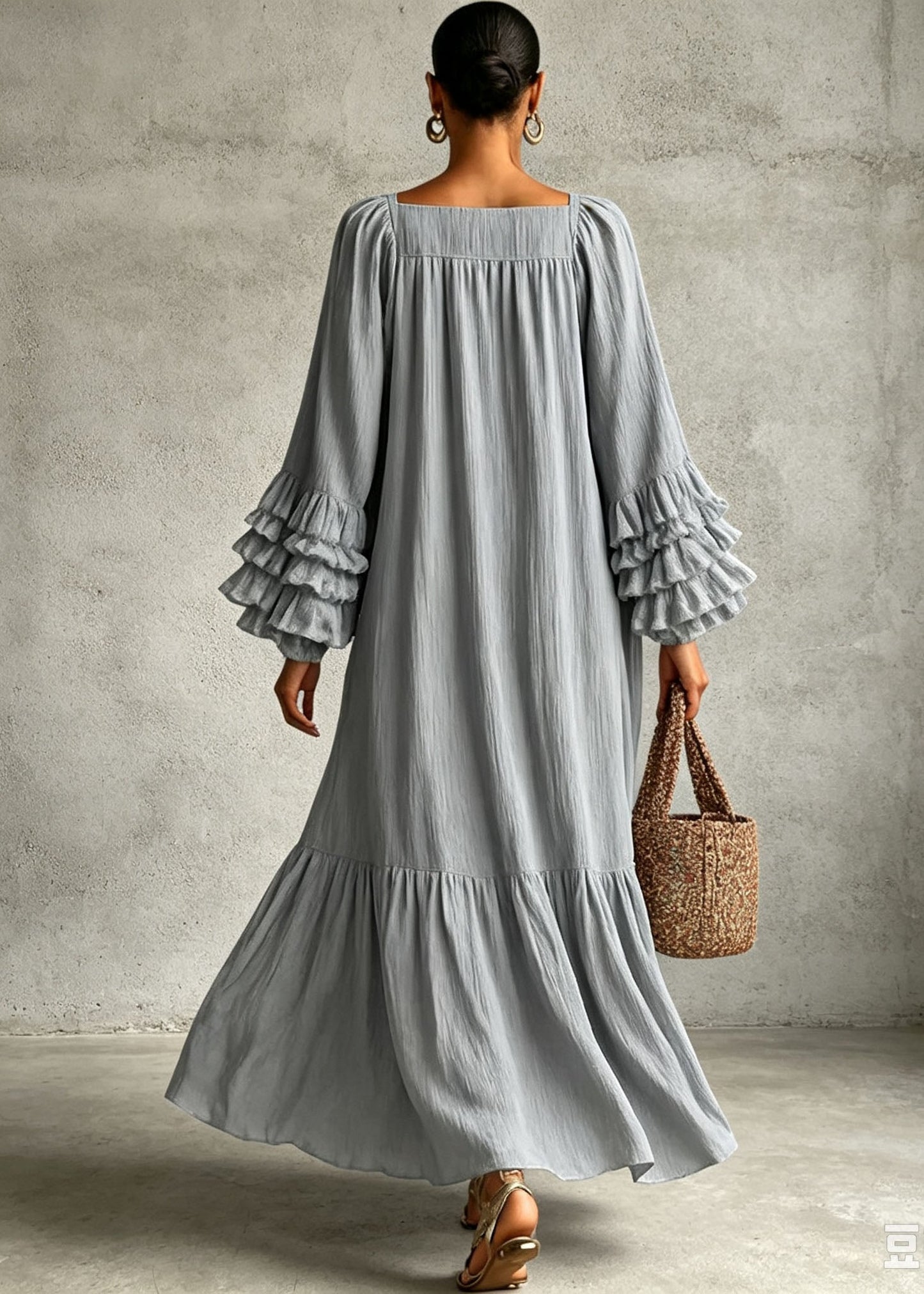 Loose Grey O Neck Ruffled Patchwork Cotton Long Dresses Fall