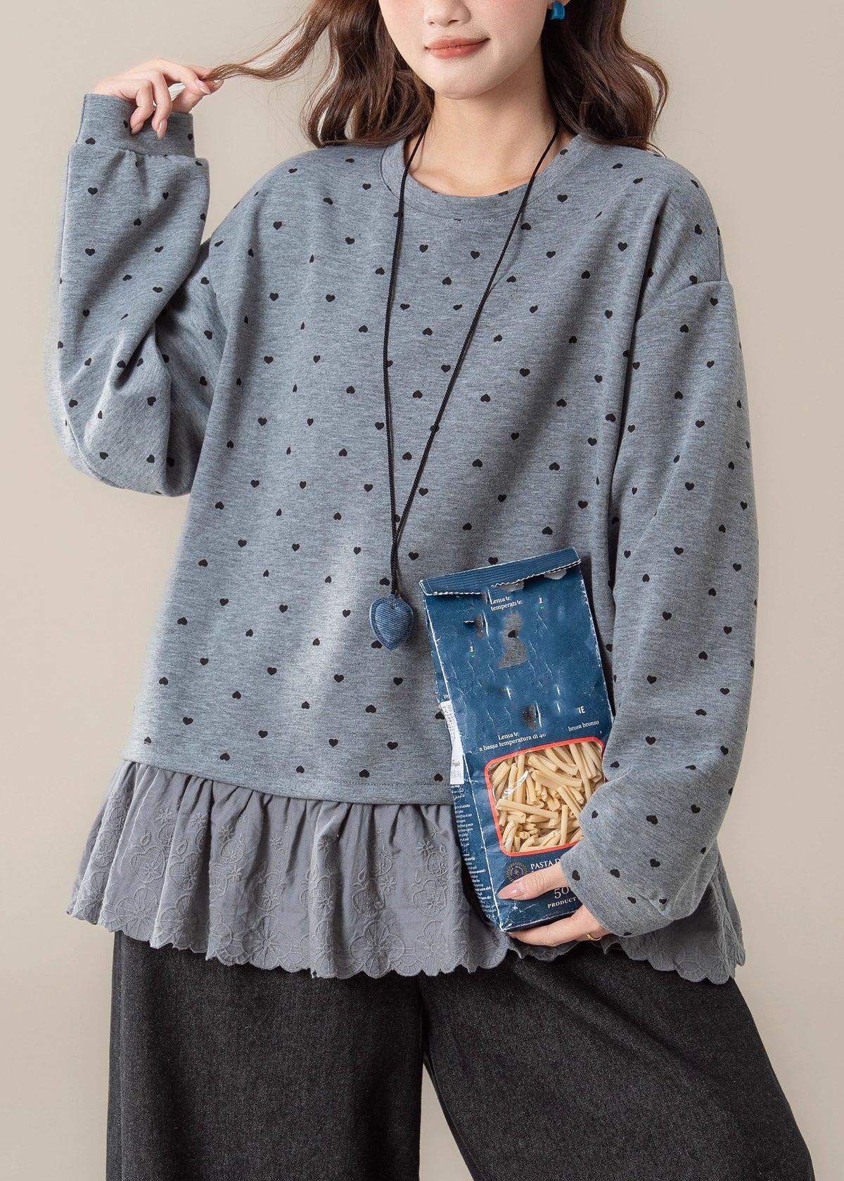 Loose Grey O-Neck Ruffled Streetwear Long Sleeve