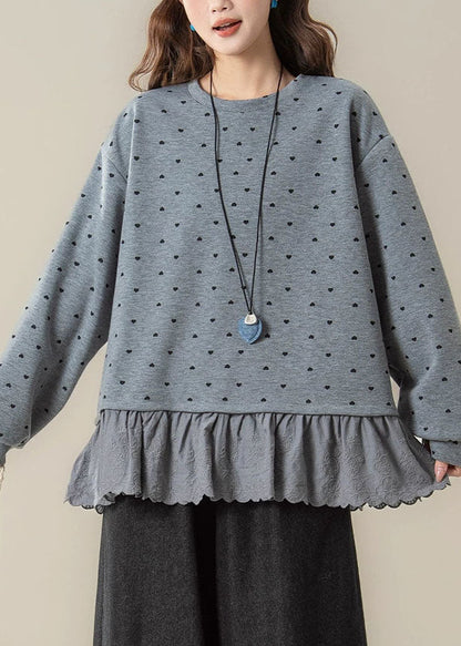 Loose Grey O-Neck Ruffled Streetwear Long Sleeve