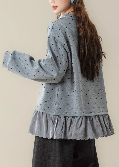 Loose Grey O-Neck Ruffled Streetwear Long Sleeve