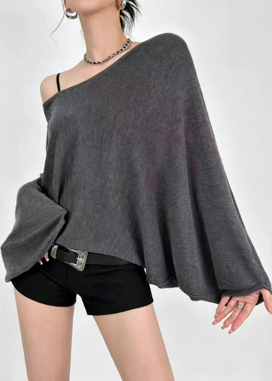 Loose Grey O-Neck Sheer Knit Shirts Batwing Sleeve