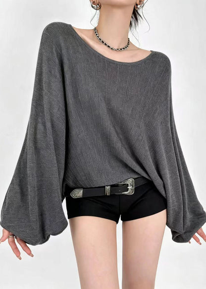 Loose Grey O-Neck Sheer Knit Shirts Batwing Sleeve