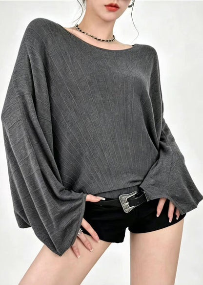 Loose Grey O-Neck Sheer Knit Shirts Batwing Sleeve