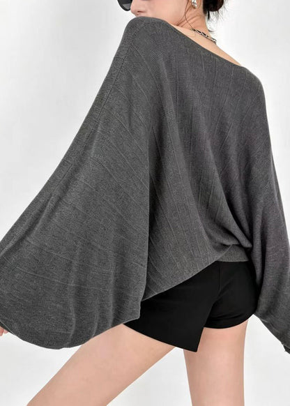 Loose Grey O-Neck Sheer Knit Shirts Batwing Sleeve