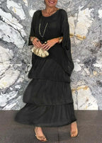 Loose Grey O Neck Solid Chiffon Long Dress Half Sleeve