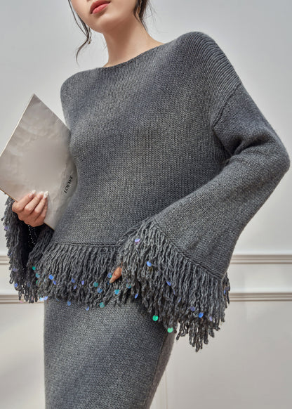Loose Grey O Neck Tasseled Sweaters And Skirts Knit Two Pieces Set Flare Sleeve