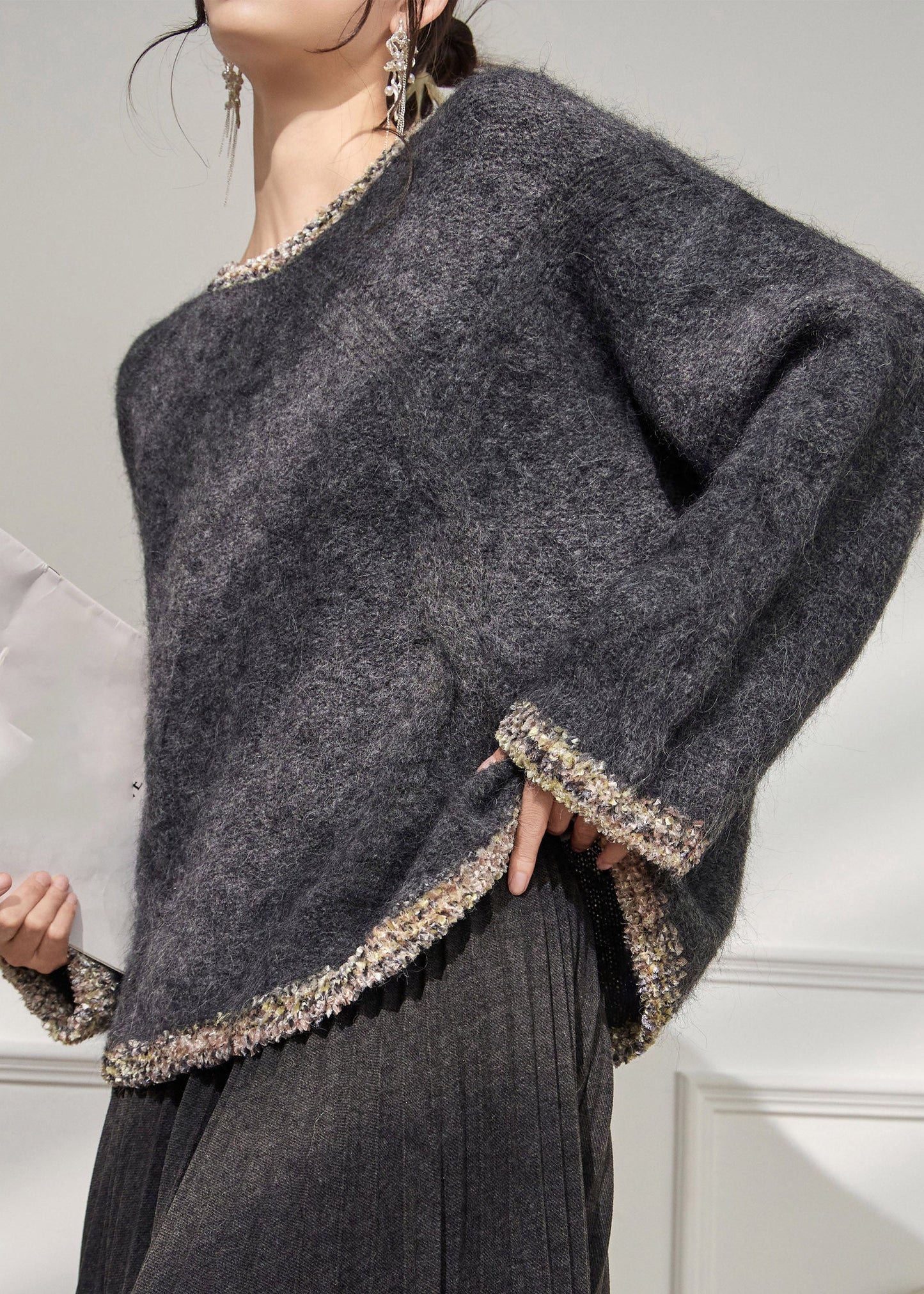 Loose Grey O-Neck Thick Cotton Knit Sweater Flare Sleeve