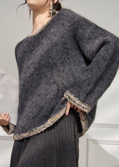 Loose Grey O-Neck Thick Cotton Knit Sweater Flare Sleeve