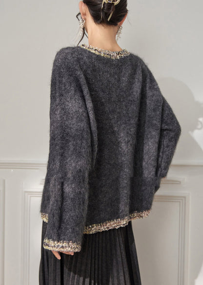 Loose Grey O-Neck Thick Cotton Knit Sweater Flare Sleeve