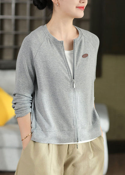 Loose Grey O-Neck Zip Up Cotton Coat Fall