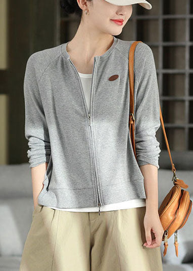 Loose Grey O-Neck Zip Up Cotton Coat Fall