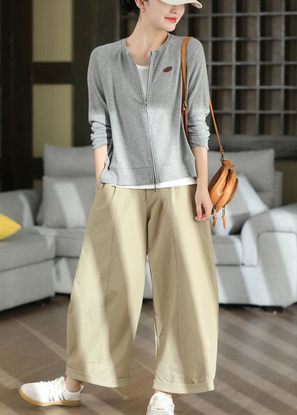 Loose Grey O-Neck Zip Up Cotton Coat Fall