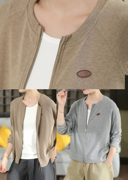 Loose Grey O-Neck Zip Up Cotton Coat Fall