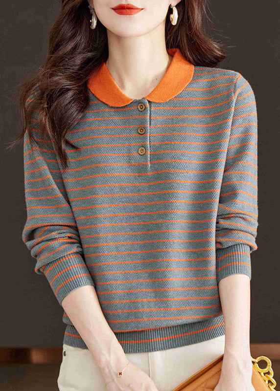 Loose Grey Peter Pan Collar Striped Knit Sweater Spring