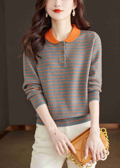 Loose Grey Peter Pan Collar Striped Knit Sweater Spring