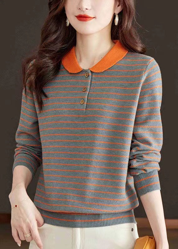 Loose Grey Peter Pan Collar Striped Knit Sweater Spring