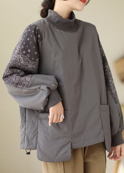 Loose Grey Pockets Patchwork Fine Cotton Filled Sweatshirts Winter