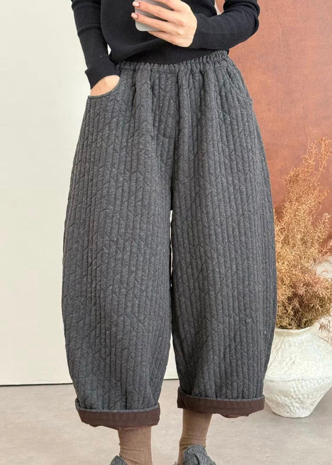 Loose Grey Pockets Patchwork Thick Fine Cotton Filled Pants Winter