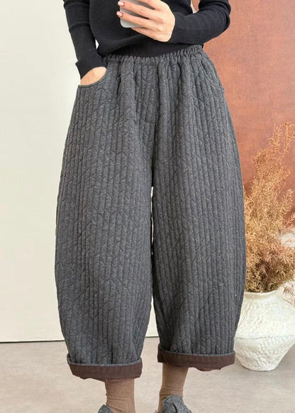Loose Grey Pockets Patchwork Thick Fine Cotton Filled Pants Winter