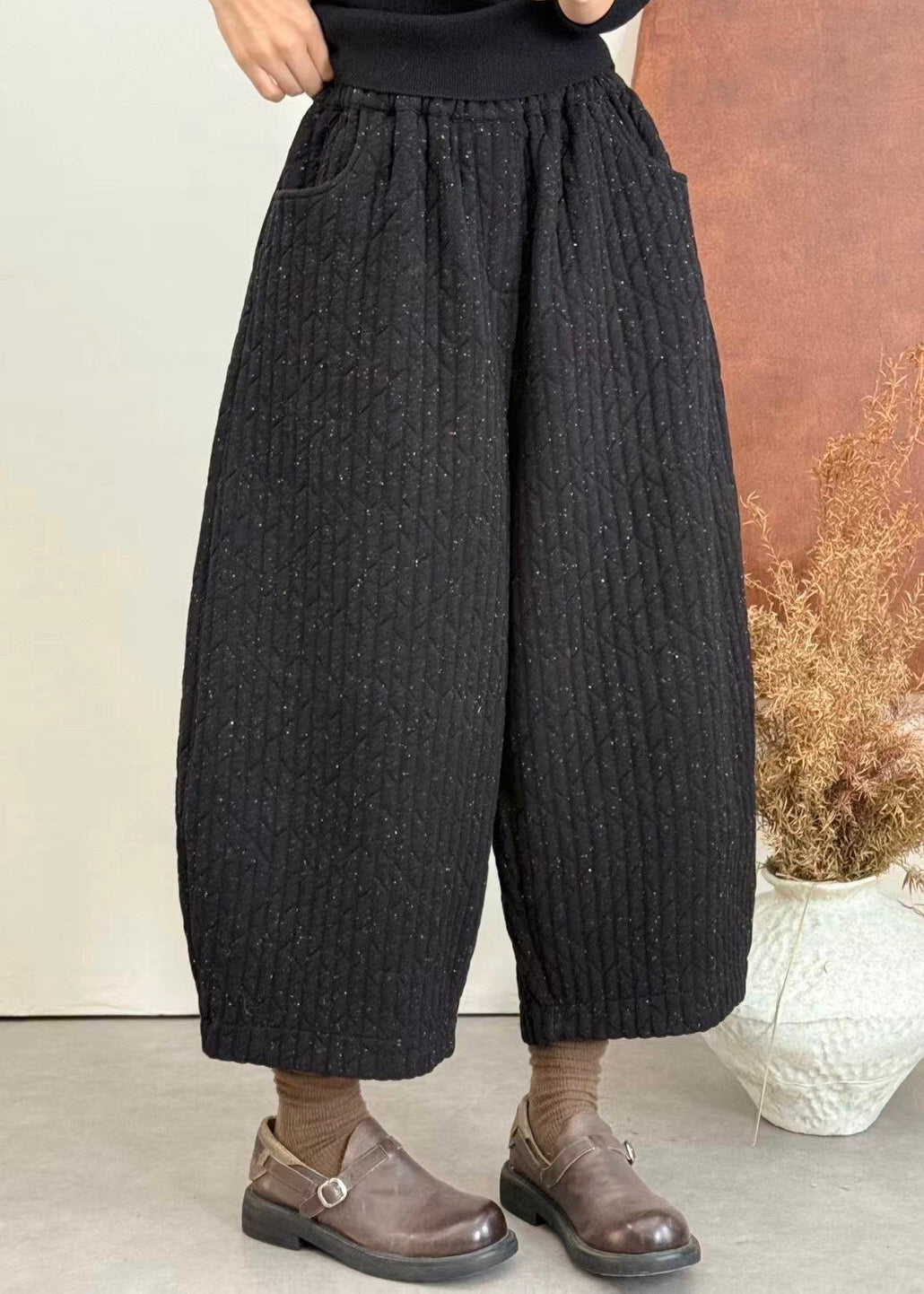 Loose Grey Pockets Patchwork Thick Fine Cotton Filled Pants Winter