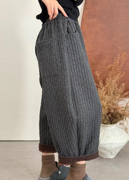 Loose Grey Pockets Patchwork Thick Fine Cotton Filled Pants Winter