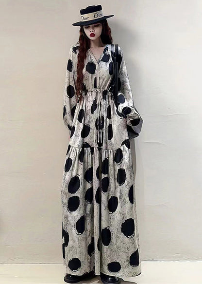 Loose Grey Print Lace Up Pockets Cotton Long Dresses Spring