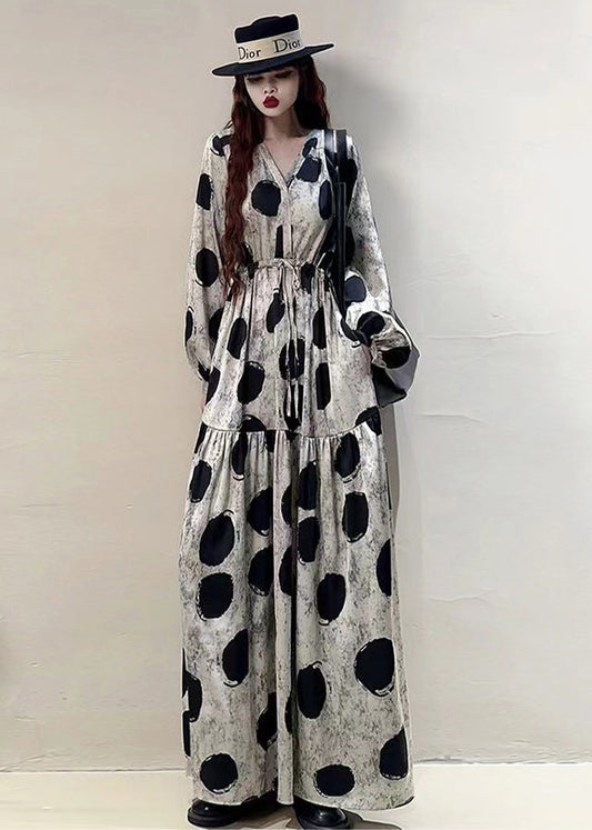 Loose Grey Print Lace Up Pockets Cotton Long Dresses Spring