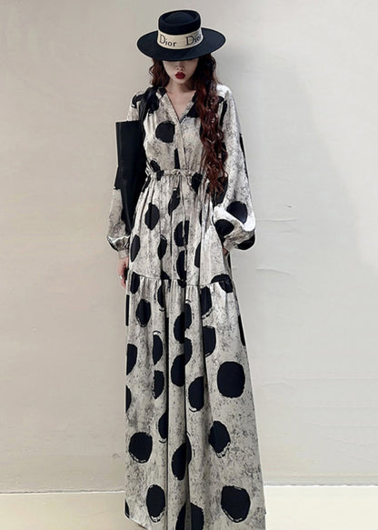 Loose Grey Print Lace Up Pockets Cotton Long Dresses Spring