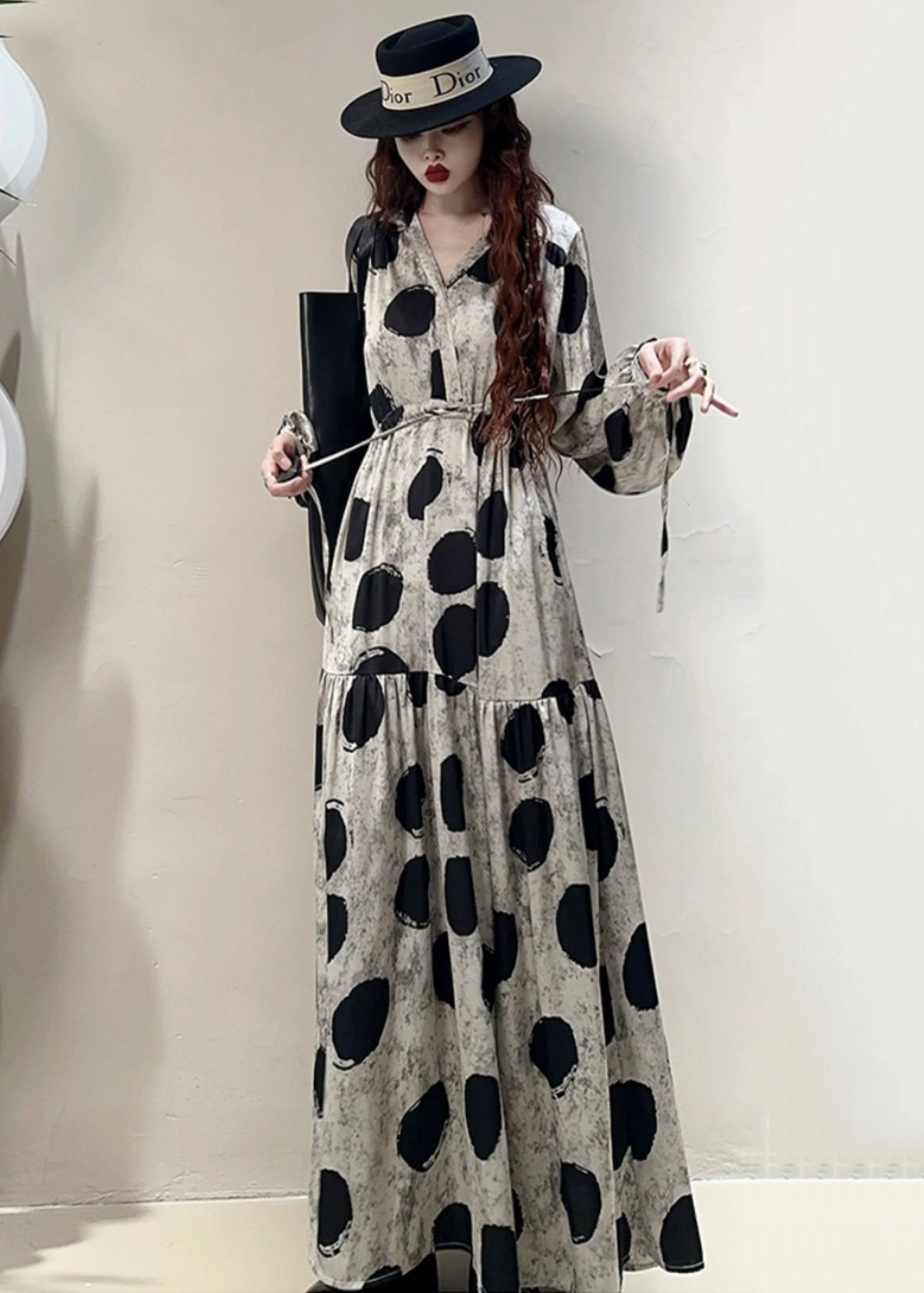 Loose Grey Print Lace Up Pockets Cotton Long Dresses Spring