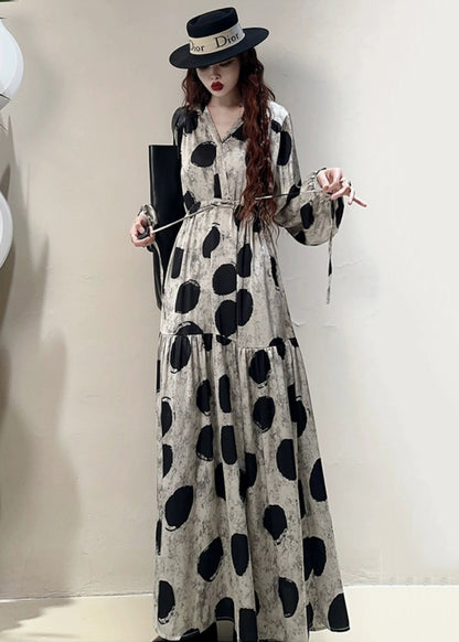 Loose Grey Print Lace Up Pockets Cotton Long Dresses Spring