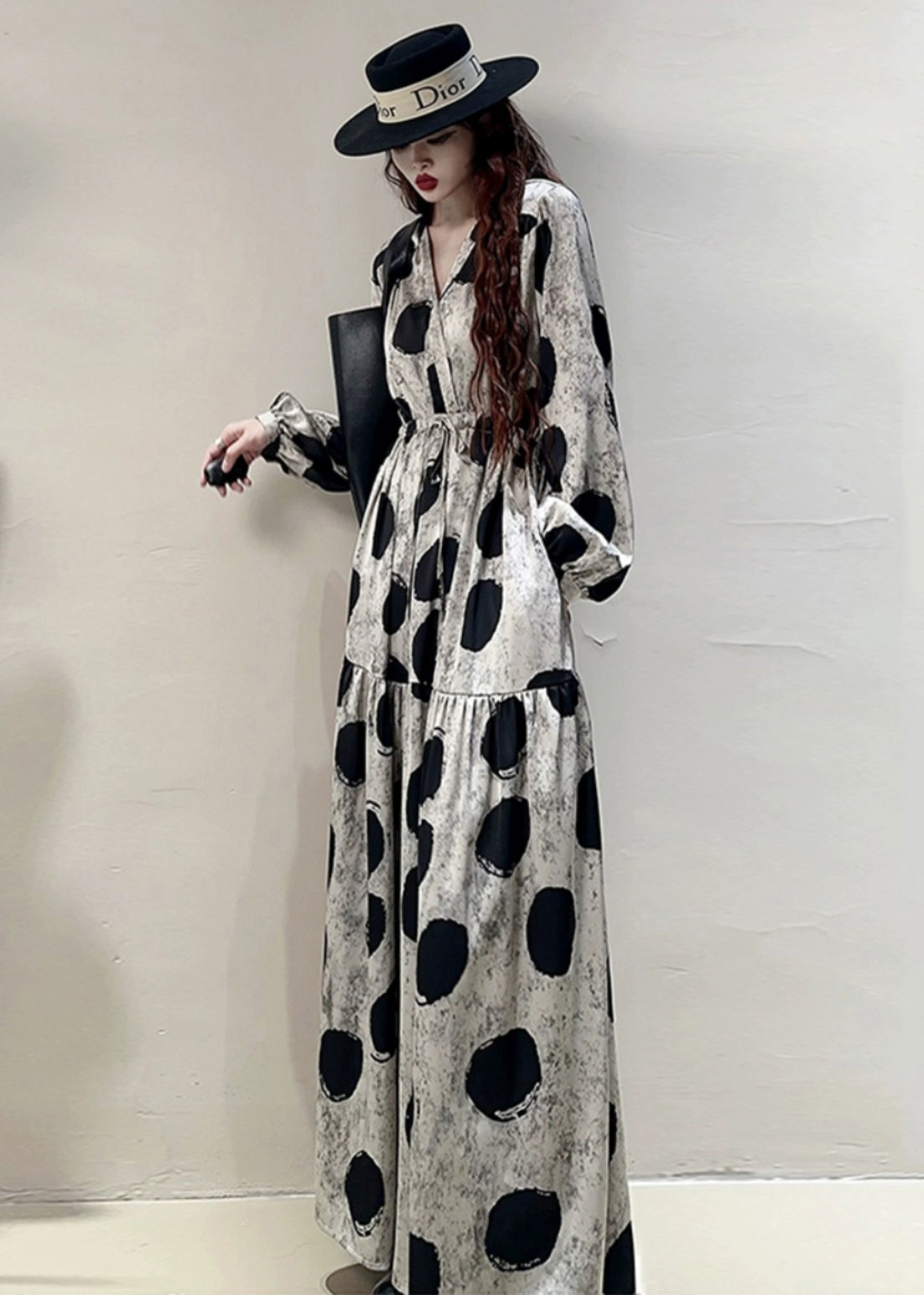 Loose Grey Print Lace Up Pockets Cotton Long Dresses Spring