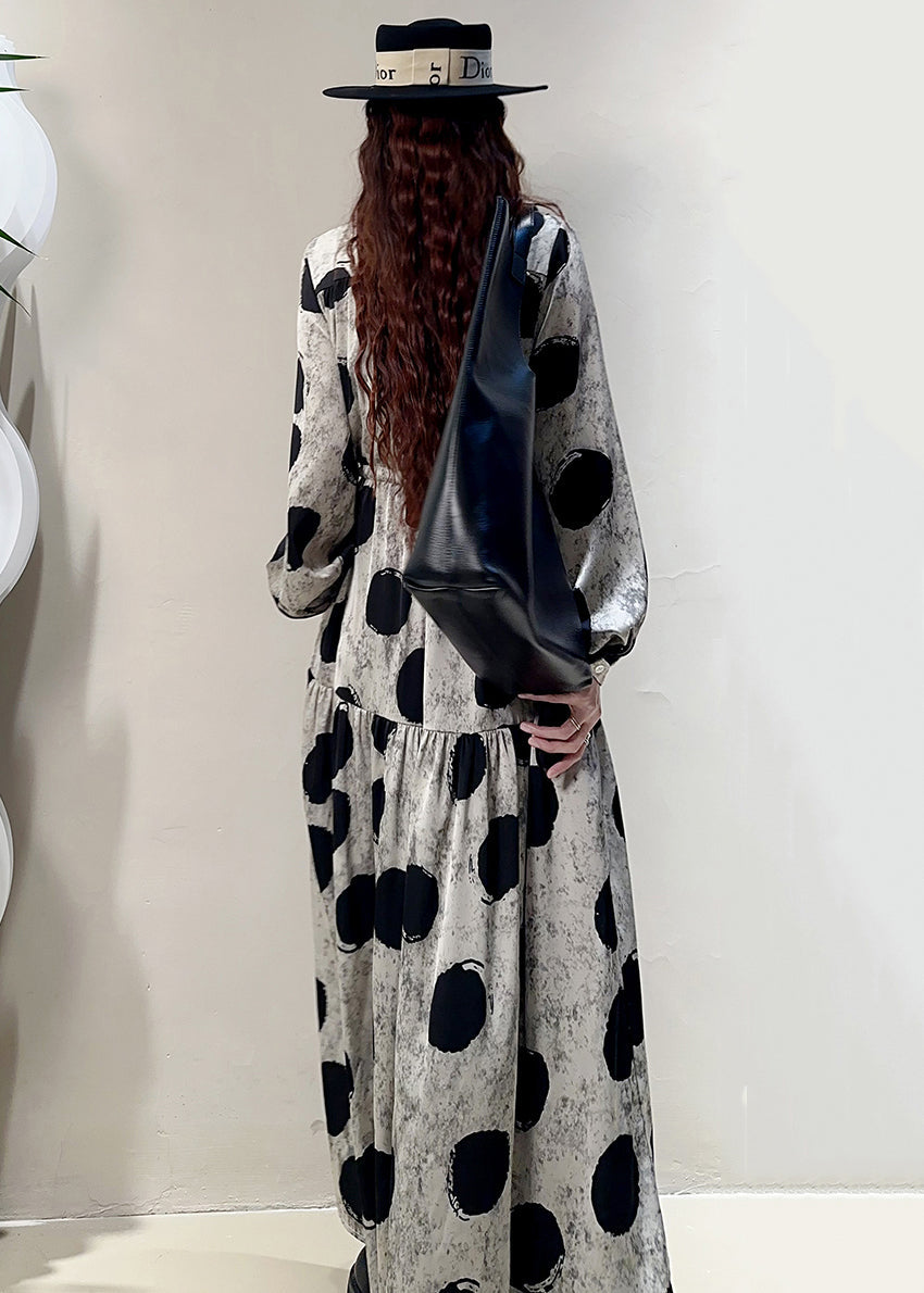 Loose Grey Print Lace Up Pockets Cotton Long Dresses Spring