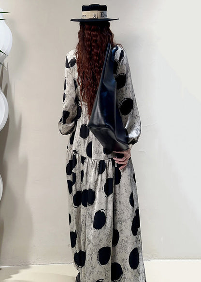 Loose Grey Print Lace Up Pockets Cotton Long Dresses Spring