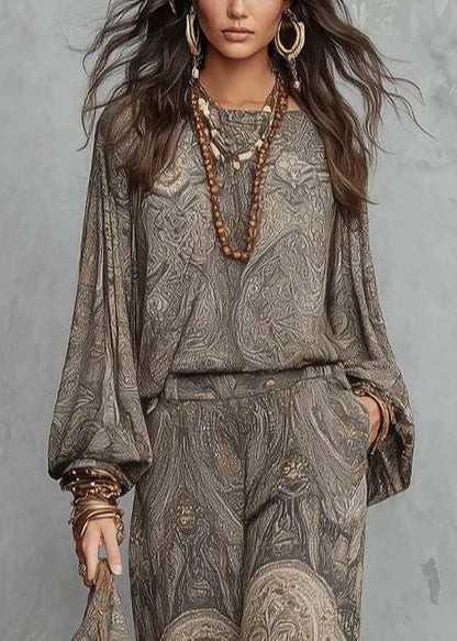 Loose Grey Print O-Neck Two Pieces Set Long Sleeve